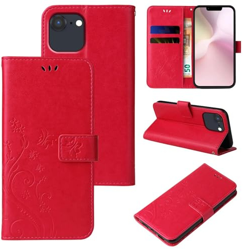 LBH Handy Hülle kompatibel mit Apple iPhone 17e / 16e Case Handytasche Schmetterling Blumen Flower Standfunktion Schutzhülle Magnet Rundum Schutz 360 Grad Flipcase Cover Rot