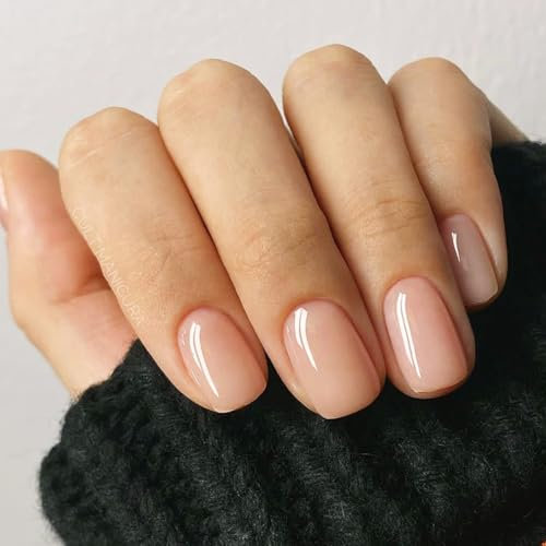 Jelly Nude Press on Nails Short Square & Coffin Shapes – 24PCS Natural Glossy Fake Nails, Classic French Gel Look, Reusable & Long-Lasting, Easy DIY Salon Manicure at Home