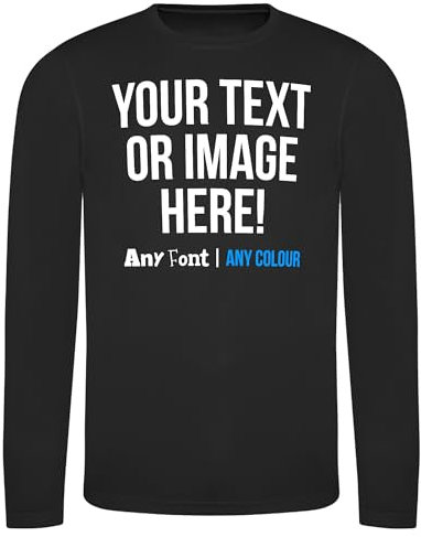 Custom Mens Long Sleeve Polyester T Shirt Personalised Any Text Image Logo Activwear Sports Performance Gym Workwear Long Sleeved Tee, XXL, Black
