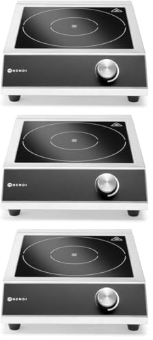 HENDI Induktionskocher, Modell 3500 M, Kochfeld, stufenlos verstellbarer Drehknopf, für Pfannen mit Bodendurchmesser ø120 bis ø260mm, 230V, 3500W, Silber, 327x425x(H)100mm, Edelstahl (Packung mit 3)
