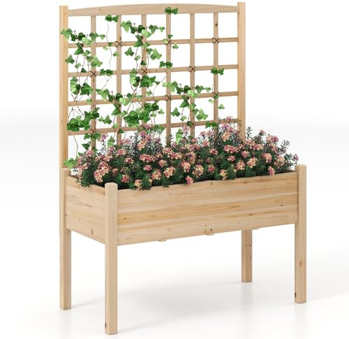 RELAX4LIFE Jardinière Surélevée avec Treillis, Jardinière sur Pieds en Bois, Sapin Massif, Trou de Drainage, Carré Potager sur Pieds pour Plantes Grimpantes, Vignes, Légumes, Fleurs