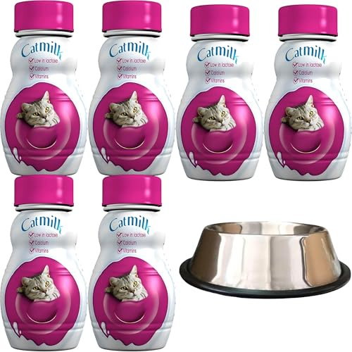 Cat Milk 6 x 200ml bundled with Fade-Style Slip Proof Cat Bowl - Kitten Milk 2-12 Months with Reduced Lactose in Kitten