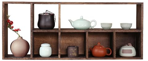 Dailify Solid Wood Chinese Tea Cup Holder, Wall Mounted Teapot Display Shelf, Decoration Teaware Storage Rack for Coffee Bar/Dining Room(Left-Side Style)