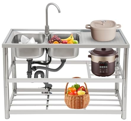 Mqwdxzfes 120x45x80cm Doppelspüle Edelstahl mit 3-Etagen Regal & Warm- und Kaltwasserhahn, Freistehende Hochbelastbare Gewerbe Küchenspüle mit Unterschrank für Restaurant Café Küche Garage Outdoor