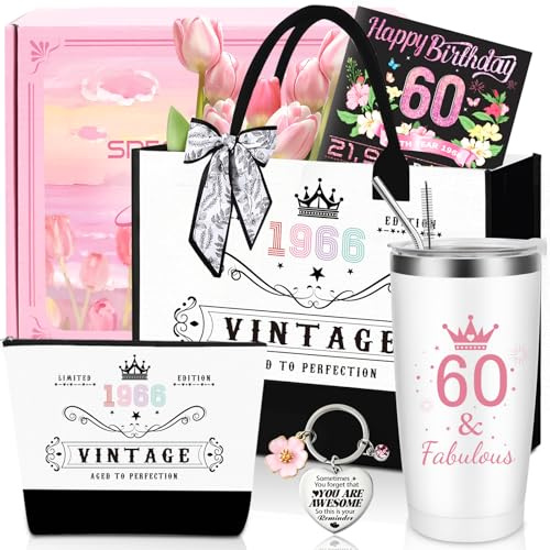 60th Birthday Gifts for Women,Unique 60 Years Old Birthday Include 20 Oz Stainless Steel Tumbler with Straw Gifts for Wife Aunt Sister Friends Her,Fashion 1966 Handbag Cosmetic Bag Born in 1966 Card