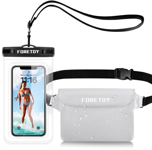 FORETOY wasserdichte Tasche, Wasserdicht Handyhülle 2 Stück für Wassersport | Wasserfeste Beutel Bauchtasche, verstellbarer Hüftgurt, PVC, Touchscreen, IP68 für Strand, Schwimmen, Boot, Fahren