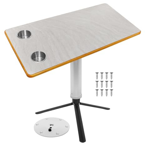 Double base RV Removable Table Leg, with 31.5x15.8 in /80x40cm Marble Pattern Table Top，with Tripod Base & Floor Mount, Adjustable Height, for Caravan Accessories Boat Table Stand (Silver table leg)