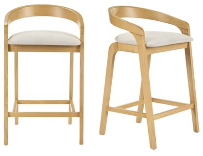 Miliboo Pulso Barhocker, Stoff, strukturierter Velours-Effekt, Beige und helles Holz, Höhe 68 cm, 2 Stück