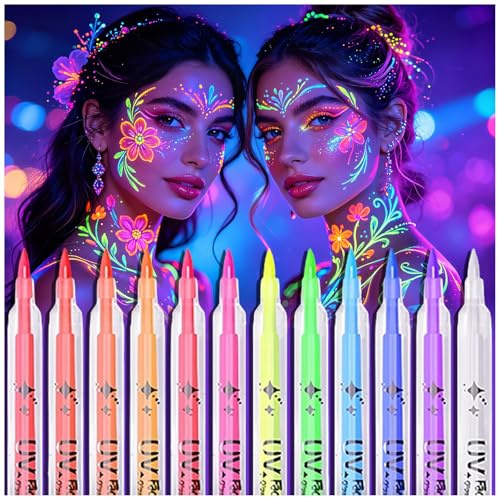 12 lápices de colores de luz negra, lápices de maquillaje de neón, colores de pintura corporal que brillan en luz negra y luz ultravioleta, lápices fluorescentes de tatuaje, adecuados para Halloween