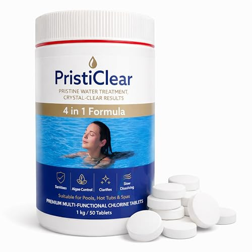 PristiClear Multifunction Chlorine Tablets 1kg – 4 in 1 Formula Chlorine Tablets for Hot Tub & Swimming Pool, Sanitiser for Crystal Clear Water. Sanitiser, Stabiliser, Algaecide and Clarifier