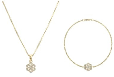 Suzan Gold® 375 Echtgold Schmuckset Damen Halskette Armband Blume Zirkonia elegant wasserfest nickelfrei Geschenk Set Crucelle Flower Spark hochwertig