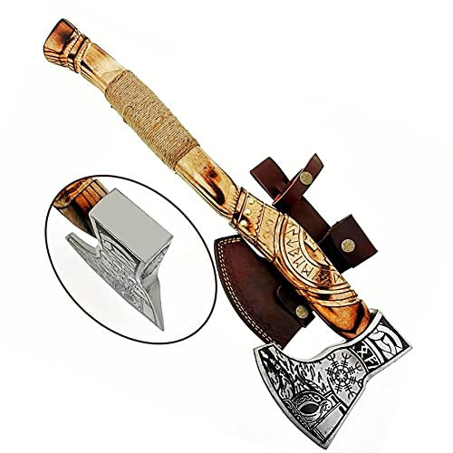 AX-7000 Regalo personalizado forjado hacha vikinga de acero al carbono con eje de madera de rosa, hacha de camping barbudo vikingo (AX-7000) (AX-7000)