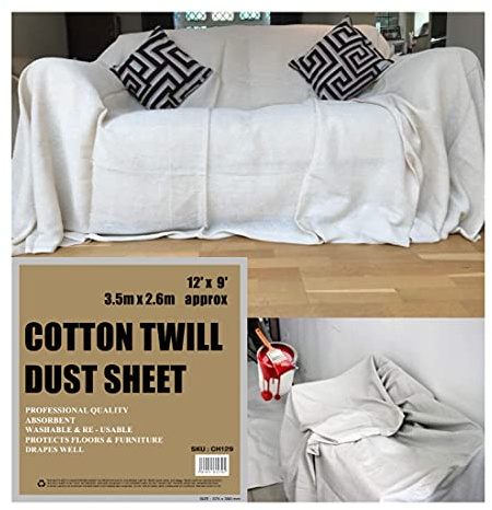 3 x Cotton Twill DUST Sheets Professional Quality for Painting, Furniture and Decorating. Large Size : 12ft x 9ft. *** Pack of 3 Sheets*** (3xCH129)