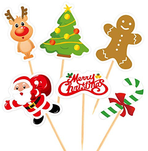 FEPITO 60 Stücke Weihnachten Cupcake Toppers Picks - Frohe Weihnachten Zahnstocher Fahnen für Kuchen Dekorationen, Feier und Urlaub