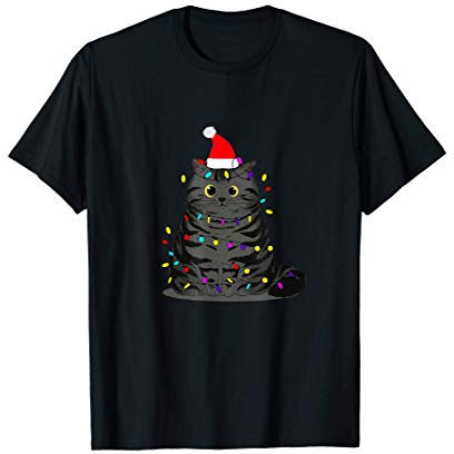 Tollpatschige Katze - bunte Lichterkette und Weihnachtsmütze T-Shirt