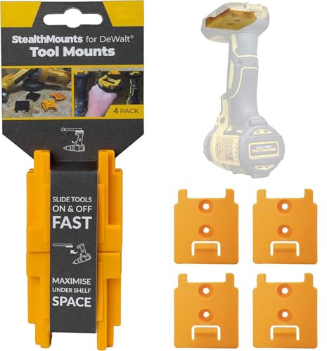 StealthMounts Tool Holders compatible with DeWalt MAX + XR + Flexvolt | Cordless Tool Mounts compatible with DeWalt 18v + 20v + 54v + 60v Power Tools | 4 Pack | Yellow Tool Organizer | Made in the UK