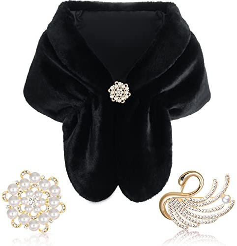 Geyoga Faux Fur Shawl Wrap Stole Shrug Winter Bridal Wedding Scarf Wrap with Faux Pearl Rhinestone Brooches for Women 1920s