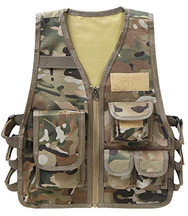 inhzoy Gilet Tattico Bambini Giacca da Pesca Gioco CS Giacca Mimetica Regolabile Gilet da Allenamento Combattimento Giubbotto per Giochi all'aperto Gioco di Sopravvivenza Camouflage S