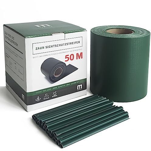MERCEO Stabmattenzaun-Sichtschutzstreifen, PVC-Folie in Grün/Moosgrün, 19 cm hoch, 50 m lang, inkl. 40 Befestigungsclips, Zubehör zur Verkleidung von Doppelstabmattenzäunen und Einzelstabmattenzäun