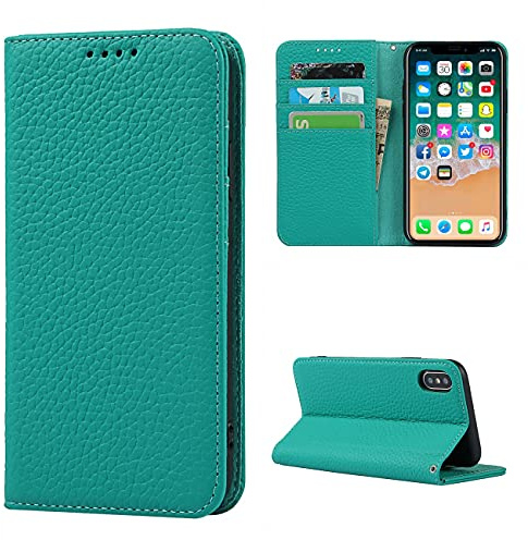 Copmob Phone Case iPhone X/XS,Flip Genuine Leather Wallet Case,[4 Slots][Magnetic closure][With Lanyard],Protective Cover Case for iPhone X/XS - Sky Blue