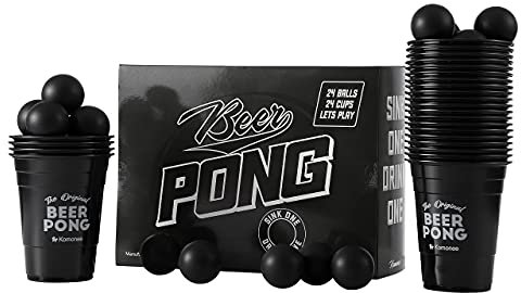 Komonee Beer Pong Set 48 PCS Blackout American Adult Indoor Novelty Party Drinking Game 24 Black Re-usable Printed Cups and 24 High Bounce ABS Balls