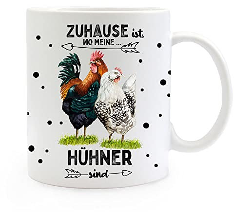 Tasse Becher mit Spruch Zuhause ist wo meine Hühner sind & Hahn Hühner Hühnchen Chicken Kaffeebecher Geschenk Spruchbecher ts2080 - ausgewählte Farbe: *schwarz*