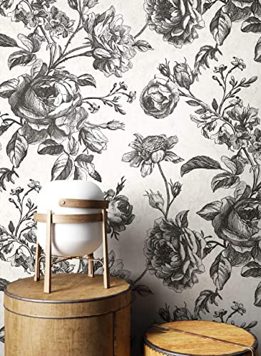 NEWROOM Tapete Weiß Vliestapete Blumen - Blumentapete Floral Creme Schwarz Rosen Beton Romantisch inkl. Tapezier-Ratgeber