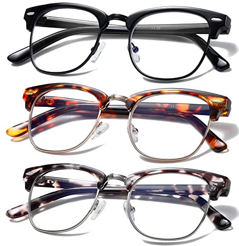 Fsread Retro Klassisch Halbrahmen Lesebrille für Herren und Damen, Leichte Blaulichtblockierende Metallrahmen Herren Lesebrille +1.5