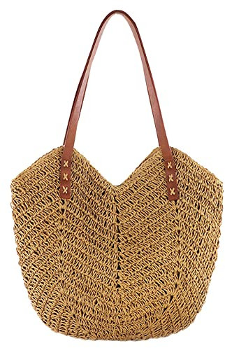 GSenhui Stroh Handtasche Damen, Korbtasche, Sommer Strandtasche Stroh Groß mit Reißverschluss, Handgemachte Strohtasche mit Leder Schultergurt, Gewebte Umhängetasche für Strand Reise Einkauf