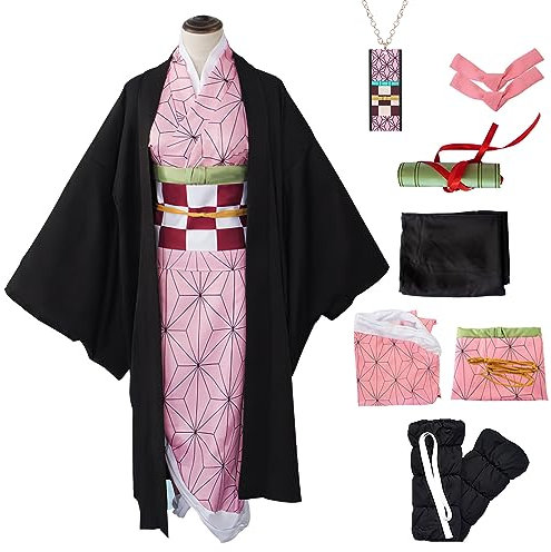 Mprocen Cosplay Kostüm Outfit Set für Erwachsene, Kimono Cosplay Outfits mit Bambus, Halloween Party Kostüme Cosplay Kleidung für Frauen