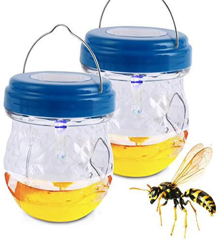 Wespenfalle Mit Solar UV Licht Für Draussen, Wespenfallen Zum Aufhängen Für Draußen, Wespenfalle Flasche Lebend, Insektenfalle Bienenfalle Außen, Für Füllung Wespen Abwehr Lockstoff Flüssig (2* Blau)