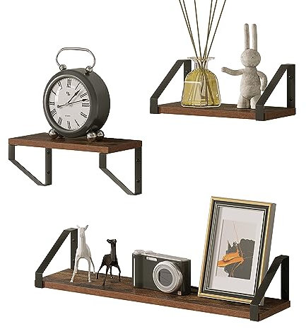 EUGAD 3er Set Wandregal, Hängeregal, Schweberegal, Küchenregal hängend, Wanddeko für Küche Wohnzimmer Schlafzimmer, Vintage-Holzoptik und Schwarz, 60x11x15 cm und 30x11x15 cm