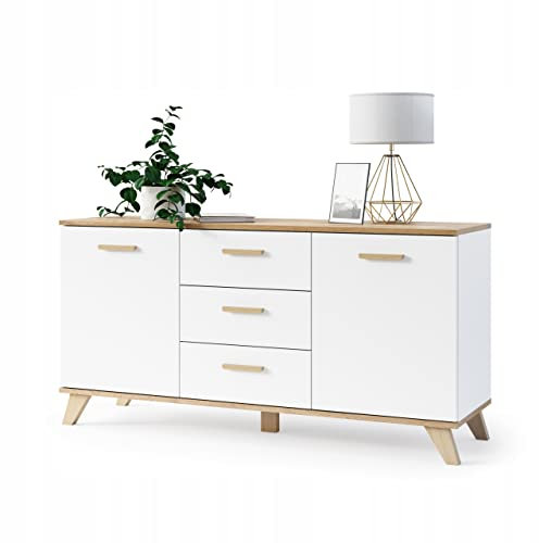 VBChome Kommode mit 3 Schubladen und 2 Türen 120 x 40 x 75 cm Weiß-Eiche Griffe Schubladenkommode Holz Mehrzweckschrank für Flur Schlafzimmer Wohnzimmer Kinderzimmer