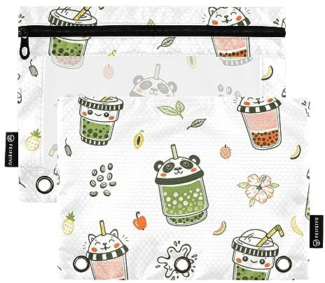 Niedliches Bubble Tea Muster Tier 3 Ring Binders Federmäppchen 2 stücke Datei Ordner für Büro Prüfung Reißverschluss Schreibwaren Tasche