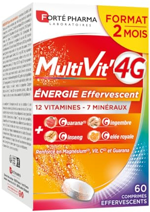 Forté Pharma Multivitamines Multivit'4G Energie Effervescent 60 comprimés | Complément Alimentaire Forme et Tonus, 4G + 12 Vitamines et 7 Minéraux, Programme 2 mois renouvelable
