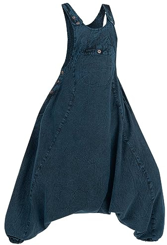 Kunst und Magie Damen Latzhose Hippie Haremshose Goa Hose Boho 70er Jumpsuit Overall Stonewashed Catsuit