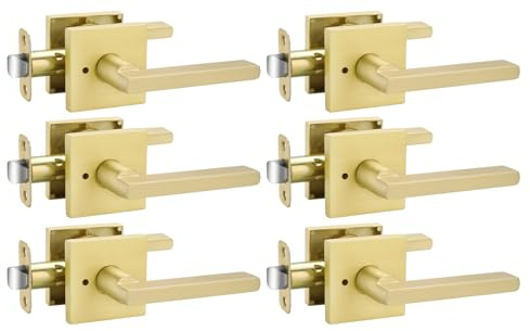 goldenwarm Lot de 6 poignées de porte intérieure dorées brossées, poignées de porte d'intérieur dorées, poignées de porte d'intérieur très résistantes, poignées de porte contemporaines dorées pour