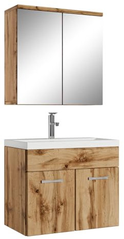 Badezimmer Badmöbel Set Montreal 01 mit Spiegelschrank 60cm Waschbecken Eiche - Unterschrank Waschtisch Möbel