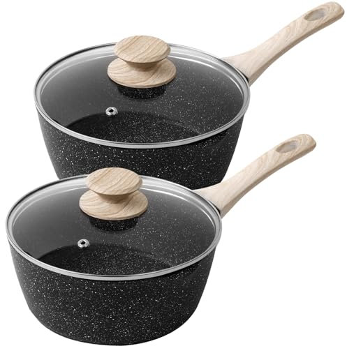 Rainberg Saucepan with Lid, Nonstick Milk Pan Suitable with Induction, Gas and Electric Hobs, Cooking Pot with Pour Spout. (Black, 2PK 16 & 18cm)