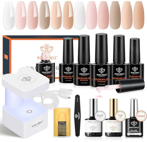 Modelones 8-in-1 Builder Nail Kit, 6 Colors All Seasons Nude, Mini Lamp, Forms, Gel Base Top Coat, Hard Gel Builder Strengthener