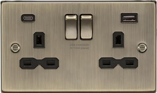 13A 2G SP Switched Socket with Dual USB A+C (5V DC 4.0A shared) - Antique Brass with Black Insert