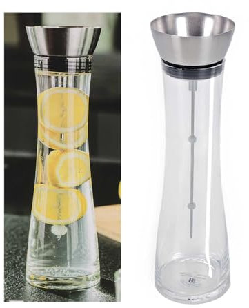 Glas Wasserkaraffe Vol. ca. 1 Liter mit Edelstahl-Deckel und Fruchtspieß inkl. Spülbürste, automatisch öffnender und verschließbarer Ausgießer