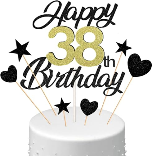 Conruich Tortendeko 38. Geburtstag Mann, Kuchen Topper Happy 38th Birthday Schwarz, Glitzer Kuchen Deko 38. Geburtstag Ballons Konfetti Papierfächer für Geburtstagstorte Deko 38 Jahre Frauen Männer