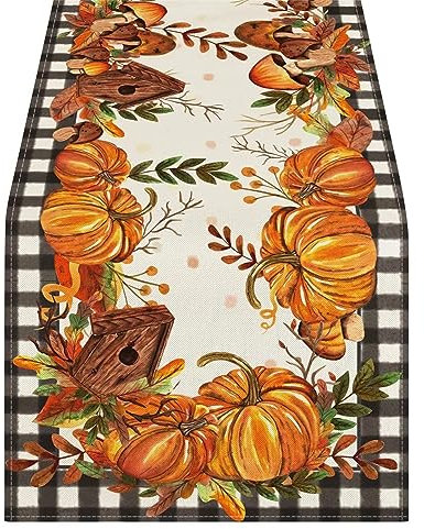 Check Plaid Herbst Tischläufer Thanksgiving Kürbisse Ahornblätter 33 * 120cm/33 * 183cm Schottland Fahne (C, A)