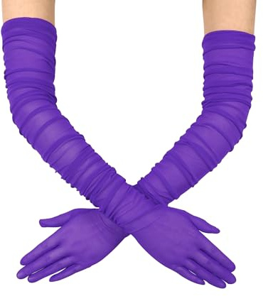 QRBTSCL Guanti da donna elasticizzati super lunghi in tulle increspato a rete guanti velati per serate, Halloween, Opera Party, Viola, Large
