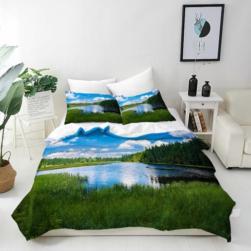 ANHOPE Natur Landschaft Wald See Bettwäsche Set 3 Teilig Bettbezug 240x220 cm & 2 Kissenbezug 80x80 cm Microfaser Bettbezüge mit Reißverschluss Weich Bettdeckenbezug Set für Kinder Mädchen