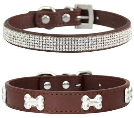 Suiecuor 2 teiliges lederhalsband Hund, hundehalsband Strass welpenhalsband mit Metallknochen Dekoration geeignet für kleine mittelgroße Hunde und Katzen Braun S