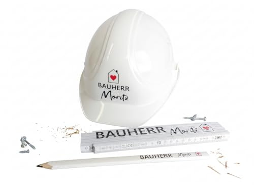 SelfmadeStudio Bauherren-Bauhelm Weiß mit Wunschnamen | personalisierter Schutzhelm | Bauherrin Baustelle Helm | hochwertiger Kopfschutz | Markenhelm Haus