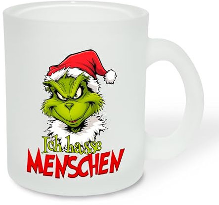 True Statements Geschenk für Glühwein-Fans: Glastasse „Ich hasse Menschen“ mit Weihnachtsgrinch-Motiv - Geschenkidee zur Adventszeit | Weihnachtszeit - Glastasse satiniert, ca. 300ml