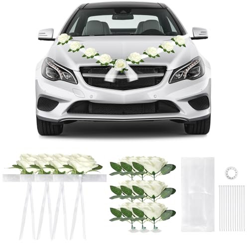 SUPAWAY Motorhaube Hochzeitsauto Dekoration Weiß Autoschmuck Hochzeit Blumen,Auto Hochzeitsschmuck Set für Meisten Automodelle mit 13 Rosen mit Saugnäpfen & 2x1,6m Tüll, 12 Kabelbinder und 1 Klebeband